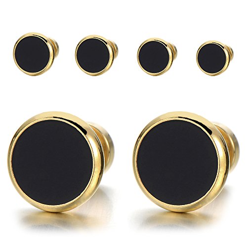 6-12MM Mens Womens Gold Black Stud Earrings Stainless Steel Illusion Tunnel Plug Screw Back, 2pcs - coolsteelandbeyond