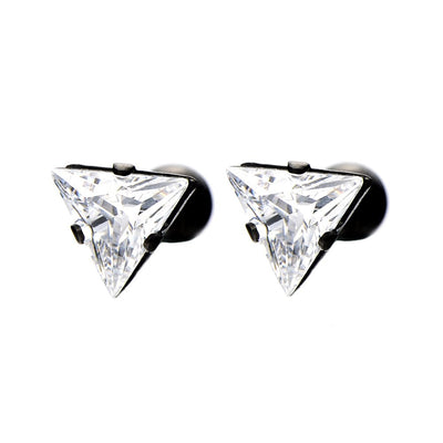6.8mm Triangle Cubic Zirconia Stud Earrings for Men Women Black Stainless Steel, Screw Back Post, 2pcs - coolsteelandbeyond