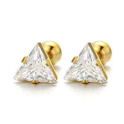 6.8mm Triangle Cz Stud Earrings for Men Women Gold Color, Screw Back Post, 2pcs - coolsteelandbeyond