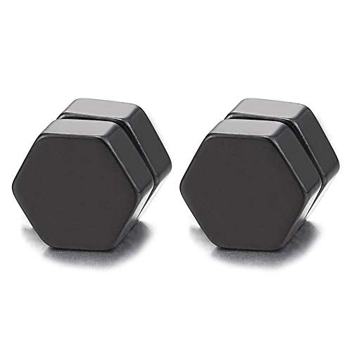 6MM Magnetic Black Hexagon Stud Earrings for Men Women, Non-Piercing Clip On Cheater Fake Ear Gauges - coolsteelandbeyond