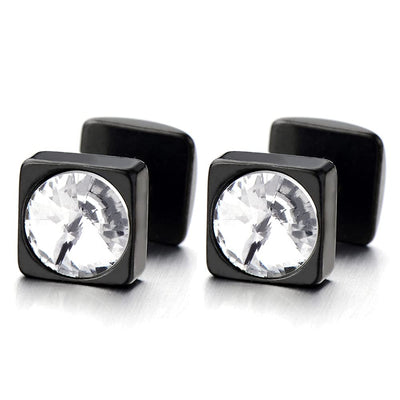 6MM Mens Womens Square Black Stud Earrings Stainless Steel with 5MM Cubic Zirconia, 2pcs - COOLSTEELANDBEYOND Jewelry