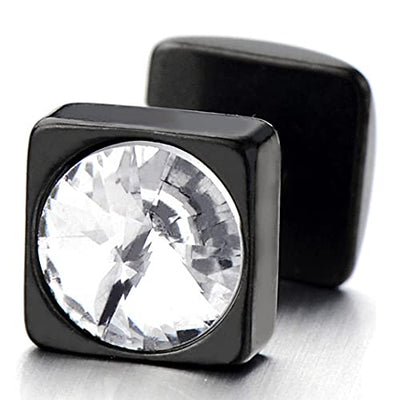 6MM Mens Womens Square Black Stud Earrings Stainless Steel with 5MM Cubic Zirconia, 2pcs - COOLSTEELANDBEYOND Jewelry