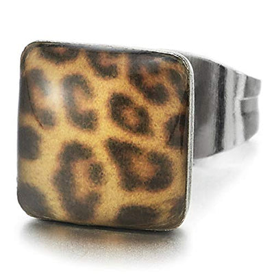 7MM Womens Stainless Steel Puff Square Stud Earring with Leopard Print Pattern - COOLSTEELANDBEYOND Jewelry