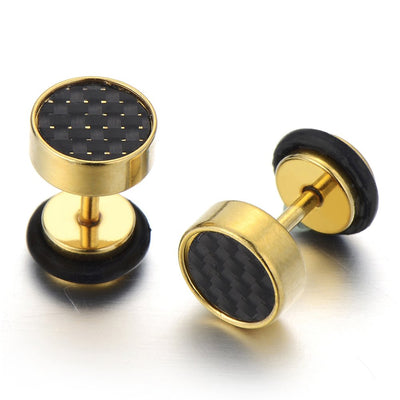 8-10MM Mens Gold Stud Earrings Stainless Steel Illusion Tunnel Plug Screw Back with Carbon Fiber, 2pcs - coolsteelandbeyond
