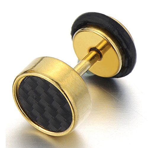 8-10MM Mens Gold Stud Earrings Stainless Steel Illusion Tunnel Plug Screw Back with Carbon Fiber, 2pcs - coolsteelandbeyond