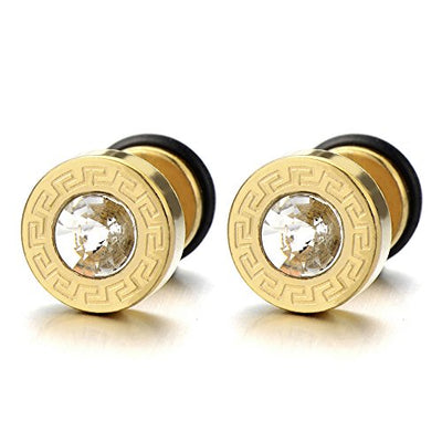 8-10MM Steel Mens Gold Stud Earrings Screw Back with Greek Key Pattern and 4mm Cz, 2pcs - coolsteelandbeyond