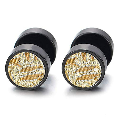 8mm Men Women Black Circle Stud Earrings Gold Textured Sand Glitter Steel Cheater Fake Plug Gauges - coolsteelandbeyond