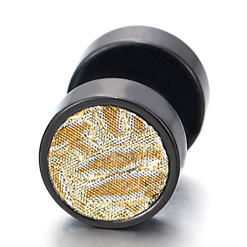 8mm Men Women Black Circle Stud Earrings Gold Textured Sand Glitter Steel Cheater Fake Plug Gauges - coolsteelandbeyond