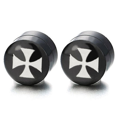 8MM Men Women Magnetic Black Circle Cross Stud Earrings, Non-Piercing Clip On Fake Ear Plugs Gauges - coolsteelandbeyond