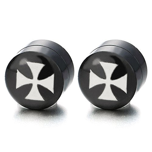 8MM Men Women Magnetic Black Circle Cross Stud Earrings, Non-Piercing Clip On Fake Ear Plugs Gauges - coolsteelandbeyond