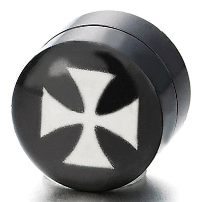 8MM Men Women Magnetic Black Circle Cross Stud Earrings, Non-Piercing Clip On Fake Ear Plugs Gauges - coolsteelandbeyond