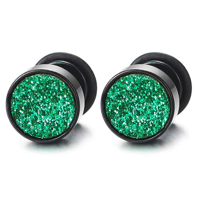 8mm Men Women Steel Black Circle Stud Earrings with Green Sand Glitter, Cheater Fake Ear Plug Gauges - COOLSTEELANDBEYOND Jewelry