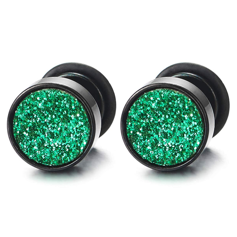 8mm Men Women Steel Black Circle Stud Earrings with Green Sand Glitter, Cheater Fake Ear Plug Gauges - COOLSTEELANDBEYOND Jewelry