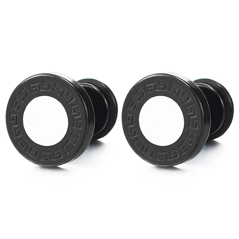 8mm Mens Black Circle Stud Earrings Steel with Greek Key Pattern and White Enamel - COOLSTEELANDBEYOND Jewelry