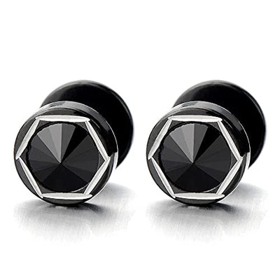 8mm Mens Black Stud Earrings Stainless Steel Illusion Tunnel Fake Ear Plugs with 6MM Black Spike CZ, 2pcs - COOLSTEELANDBEYOND Jewelry