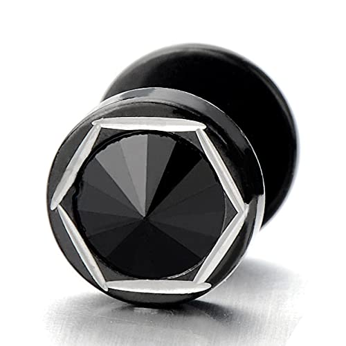 8mm Mens Black Stud Earrings Stainless Steel Illusion Tunnel Fake Ear Plugs with 6MM Black Spike CZ, 2pcs - COOLSTEELANDBEYOND Jewelry