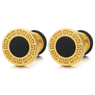 8mm Mens Gold Circle Stud Earrings Steel with Greek Key Pattern and Black Enamel - COOLSTEELANDBEYOND Jewelry