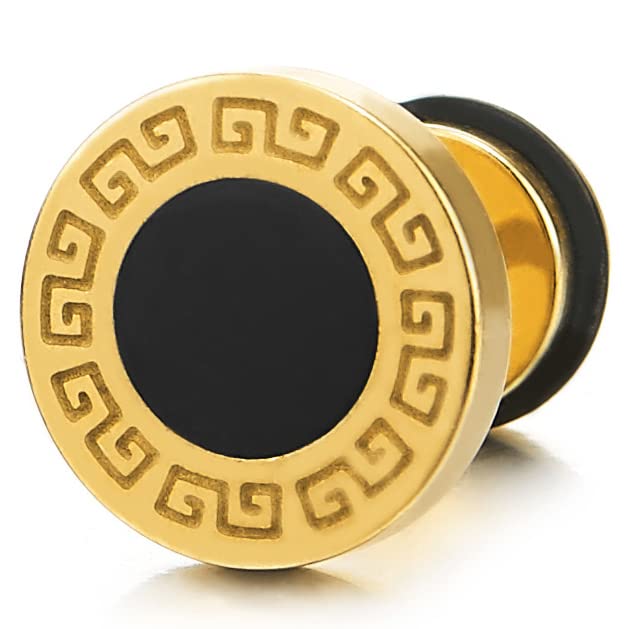 8mm Mens Gold Circle Stud Earrings Steel with Greek Key Pattern and Black Enamel - COOLSTEELANDBEYOND Jewelry