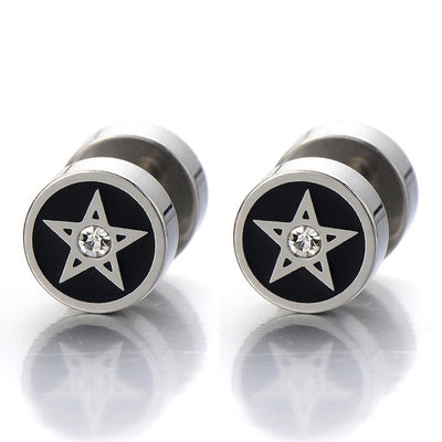 8MM Mens Star Stud Earrings Steel Cheater Fake Ear Plugs Gauges with Cubic Zirconia, 2pcs - coolsteelandbeyond