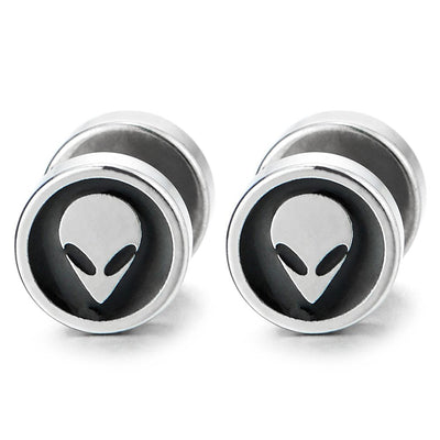 8MM Mens Women Steel Alien Skull Circle Stud Earring Black Enamel, Cheater Fake Ear Plugs Gauges - coolsteelandbeyond