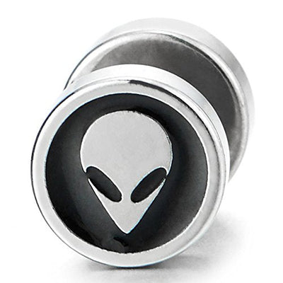 8MM Mens Women Steel Alien Skull Circle Stud Earring Black Enamel, Cheater Fake Ear Plugs Gauges - coolsteelandbeyond