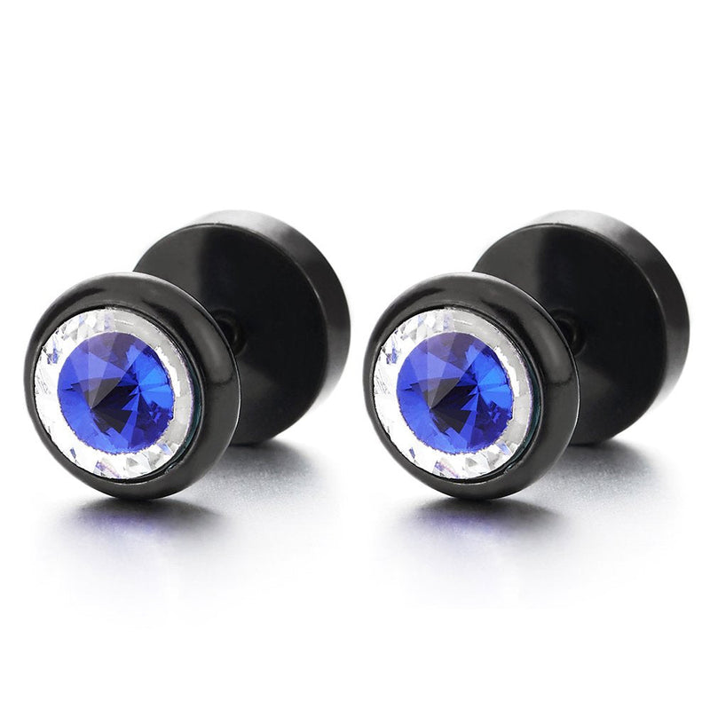 8MM Mens Womens Black Circle Stud Earrings with Blue Spiked Gem Stone, Cheater Fake Ear Plugs Gauges - coolsteelandbeyond