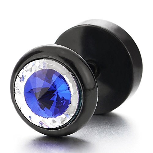 8MM Mens Womens Black Circle Stud Earrings with Blue Spiked Gem Stone, Cheater Fake Ear Plugs Gauges - coolsteelandbeyond