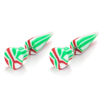 8MM Red Green White Marble Pattern Circle Stud Earrings Men Women, Illusion Tunnel Spiked Screw Back - coolsteelandbeyond