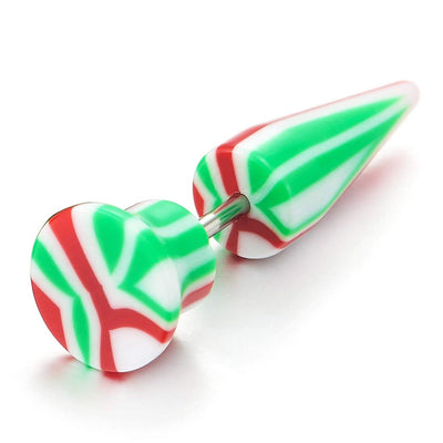 8MM Red Green White Marble Pattern Circle Stud Earrings Men Women, Illusion Tunnel Spiked Screw Back - coolsteelandbeyond