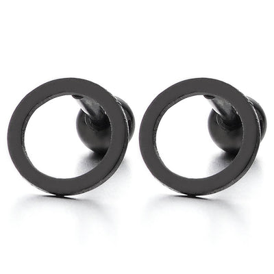 8MM Stainless Steel Black Flat Open Circle Stud Earrings for Men Women, Screw Back, 2 pcs - coolsteelandbeyond