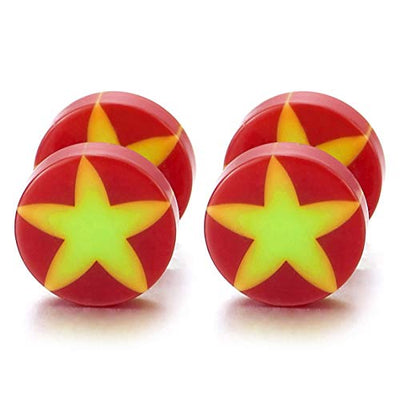8MM Women Men Red Screw Stud Earrings with Yellow Star, Cheater Fake Ear Plug Gauges Illusion Tunnel - coolsteelandbeyond