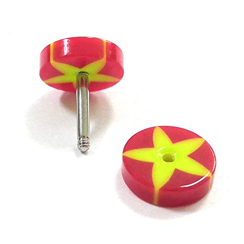 8MM Women Men Red Screw Stud Earrings with Yellow Star, Cheater Fake Ear Plug Gauges Illusion Tunnel - coolsteelandbeyond