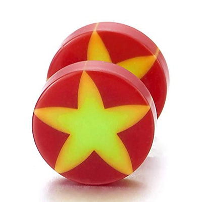 8MM Women Men Red Screw Stud Earrings with Yellow Star, Cheater Fake Ear Plug Gauges Illusion Tunnel - coolsteelandbeyond