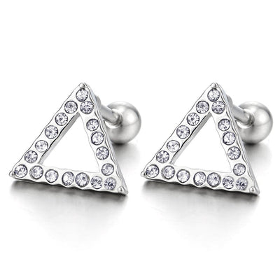 9.5mm Open Triangle Stud Earrings with Cubic Zirconia Mens Womens, Stainless Steel, Screw Back, 2pcs - COOLSTEELANDBEYOND Jewelry