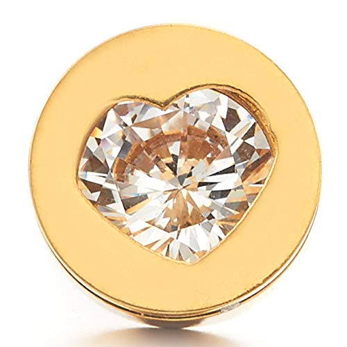 9MM Ladies Stainless Steel Gold Color Circle Stud Earrings with Cubic Zirconia Heart, 2pcs - COOLSTEELANDBEYOND Jewelry