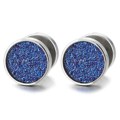 9mm Men Women Screw Circle Stud Earrings with Blue Sand Glitter, Steel Fake Ear Plugs Gauges Tunnel - coolsteelandbeyond