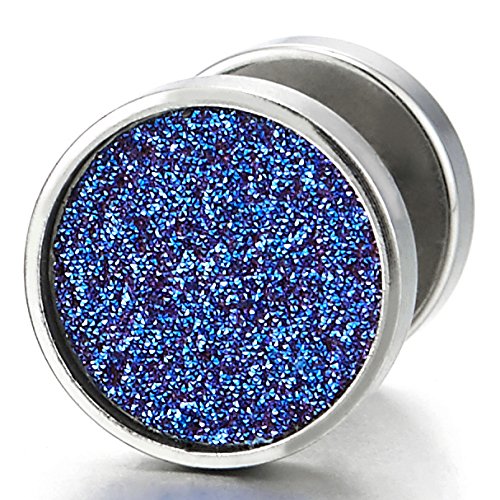 9mm Men Women Screw Circle Stud Earrings with Blue Sand Glitter, Steel Fake Ear Plugs Gauges Tunnel - coolsteelandbeyond