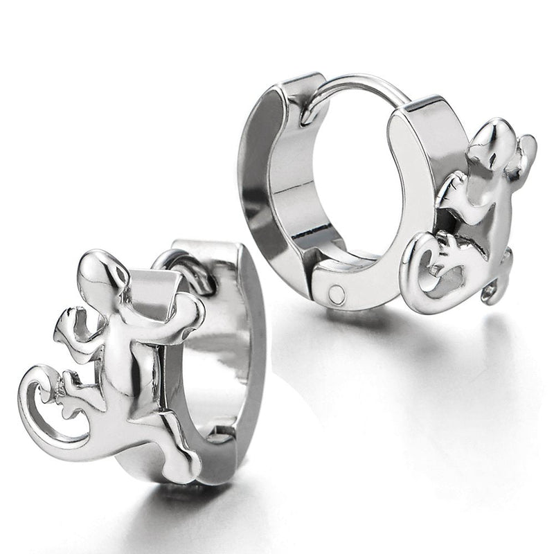 A Pair Stainless Steel Huggie Hinged Hoop Earrings with Lizard for Men and Women - coolsteelandbeyond