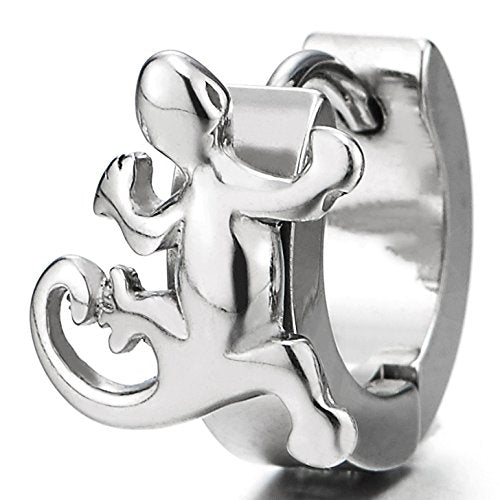 A Pair Stainless Steel Huggie Hinged Hoop Earrings with Lizard for Men and Women - coolsteelandbeyond