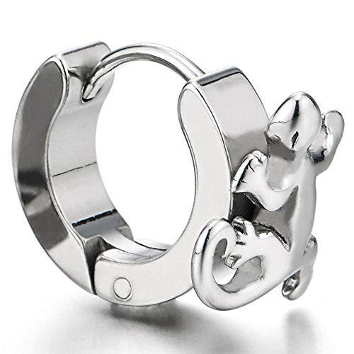 A Pair Stainless Steel Huggie Hinged Hoop Earrings with Lizard for Men and Women - coolsteelandbeyond