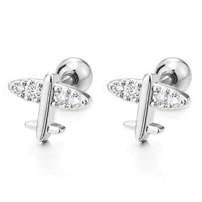 A Pair Tiny Small Steel Airplane Stud Earrings with Cubic Zirconia, Mens Womens, Screw Back - COOLSTEELANDBEYOND Jewelry