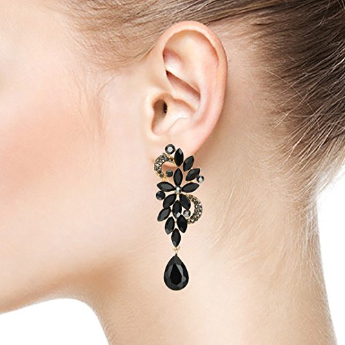 Art Deco Black Rhinestone Crystal Cluster Chandelier Floral Teardrop Long Dangle Statement Earrings - COOLSTEELANDBEYOND Jewelry