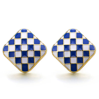 Art Deco Gold Color Square Checker Pattern Statement Stud Earrings with Blue White Enamel - COOLSTEELANDBEYOND Jewelry