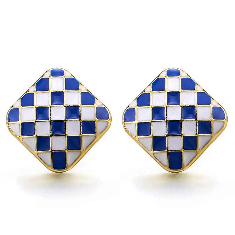 Art Deco Gold Color Square Checker Pattern Statement Stud Earrings with Blue White Enamel - COOLSTEELANDBEYOND Jewelry