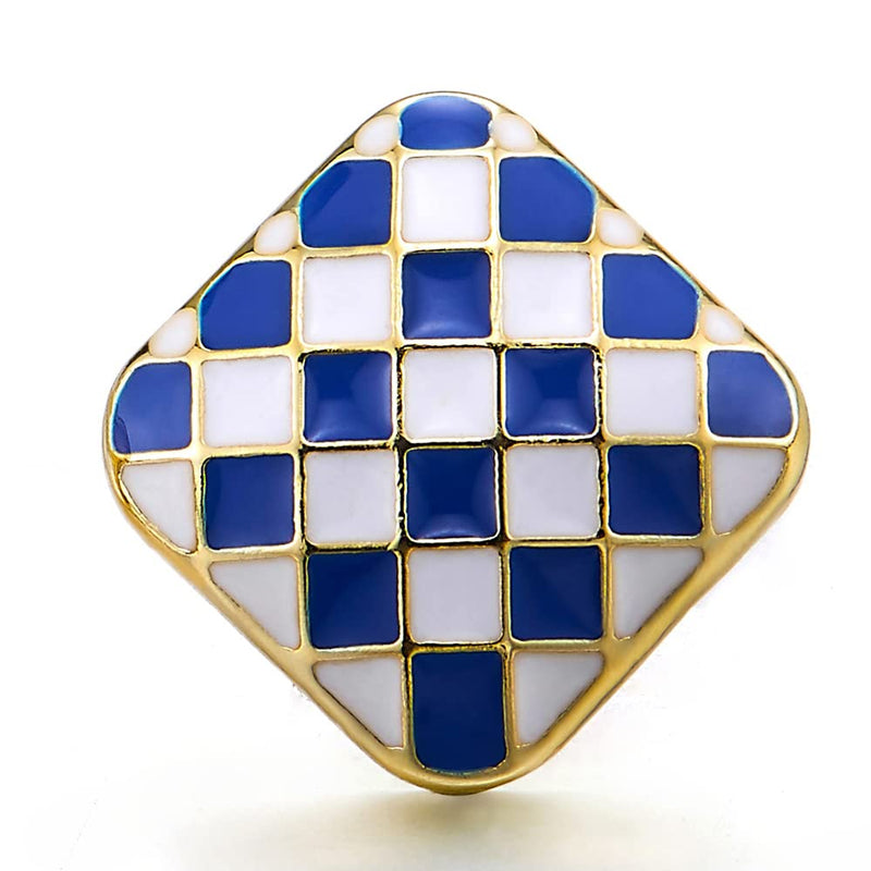Art Deco Gold Color Square Checker Pattern Statement Stud Earrings with Blue White Enamel - COOLSTEELANDBEYOND Jewelry
