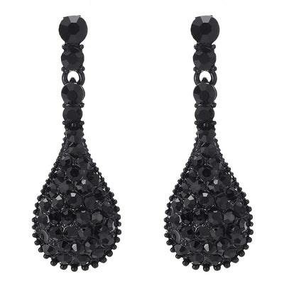 Art Deco Prom Party Dress Black Rhinestone Cluster Teardrop Large Dangle Black Statement Earrings - COOLSTEELANDBEYOND Jewelry