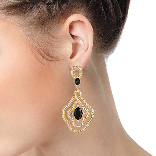 Art Deco Prom Party Dress Rhinestone Black Crystal Flower Dangle Drop Large Gold Statement Earrings - COOLSTEELANDBEYOND Jewelry