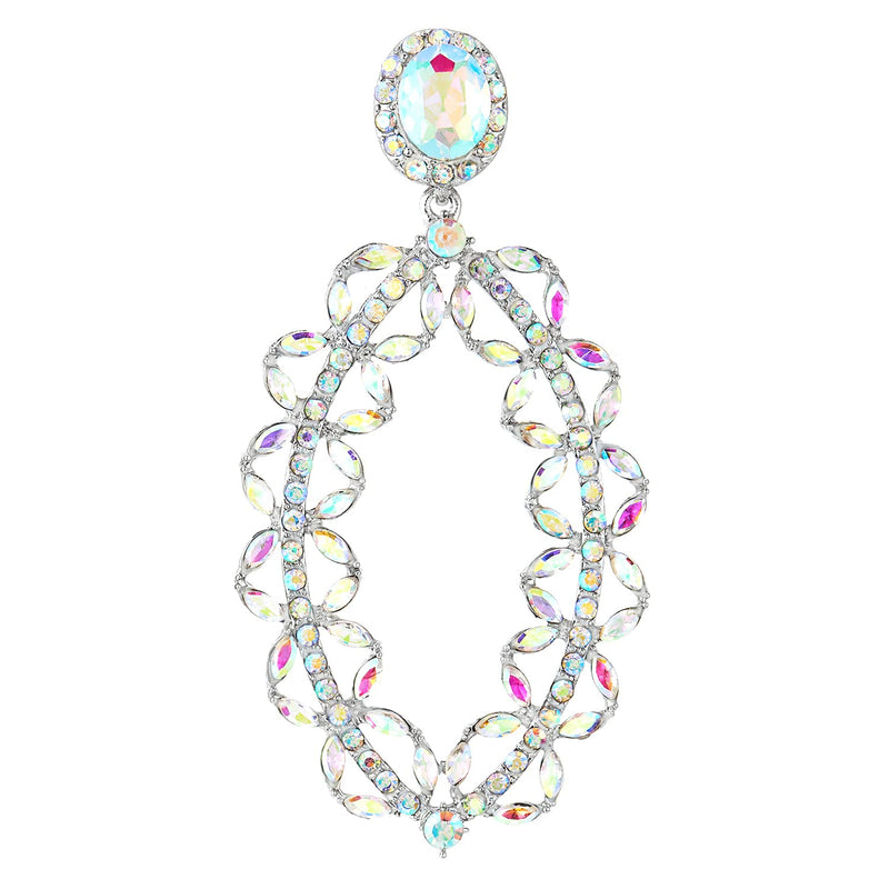 Art Deco Prom Rainbow Rhinestone Crystal Cluster Oval Flower Wreath Large Dangle Statement Earrings - COOLSTEELANDBEYOND Jewelry