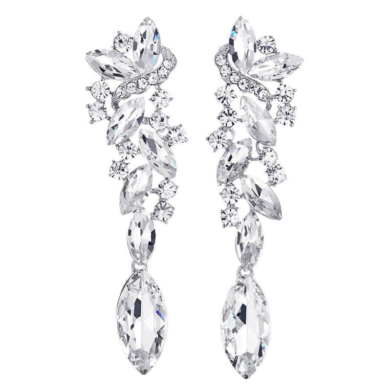 Art Deco Wedding Bridal Party Rhinestone Marquise Cluster Chandelier Long Dangle Statement Earrings - COOLSTEELANDBEYOND Jewelry