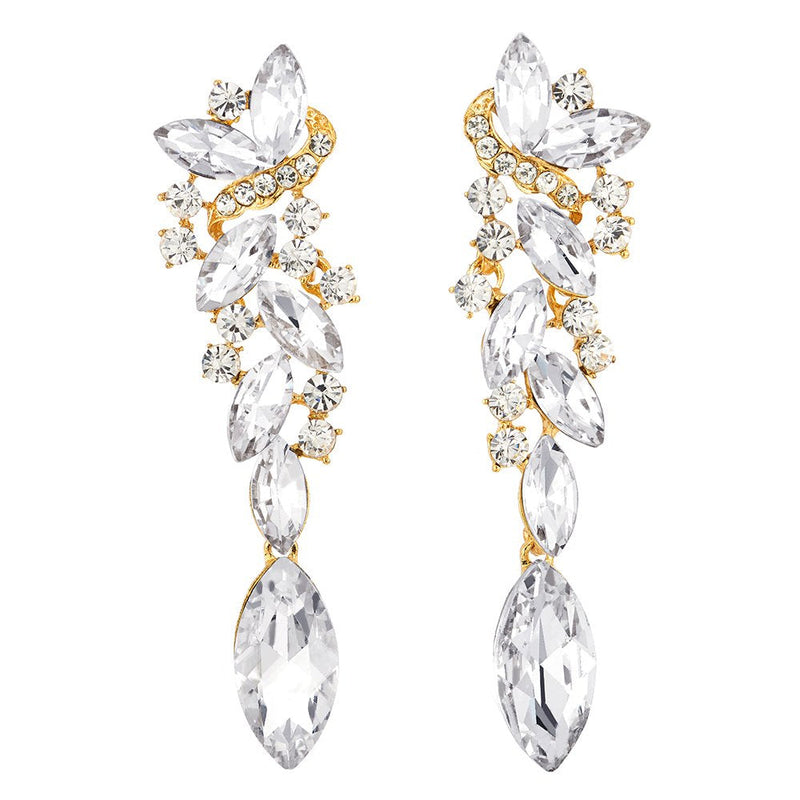 Art Deco Wedding Bridal Party Rhinestone Marquise Cluster Chandelier Long Dangle Statement Earrings - COOLSTEELANDBEYOND Jewelry